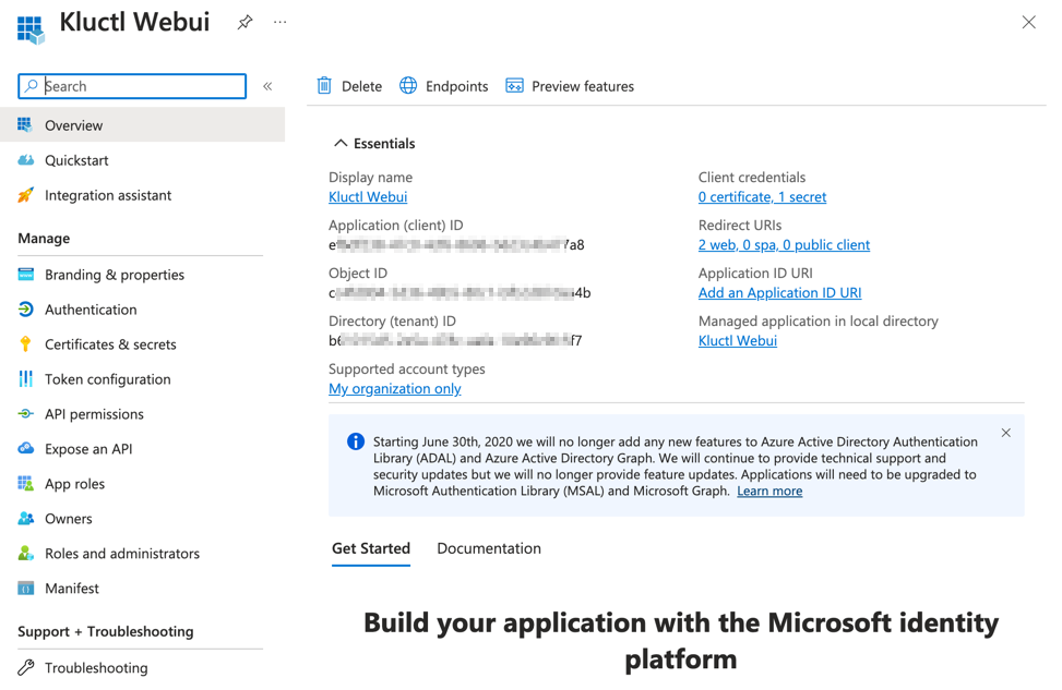 Azure App registration&rsquo;s Overview