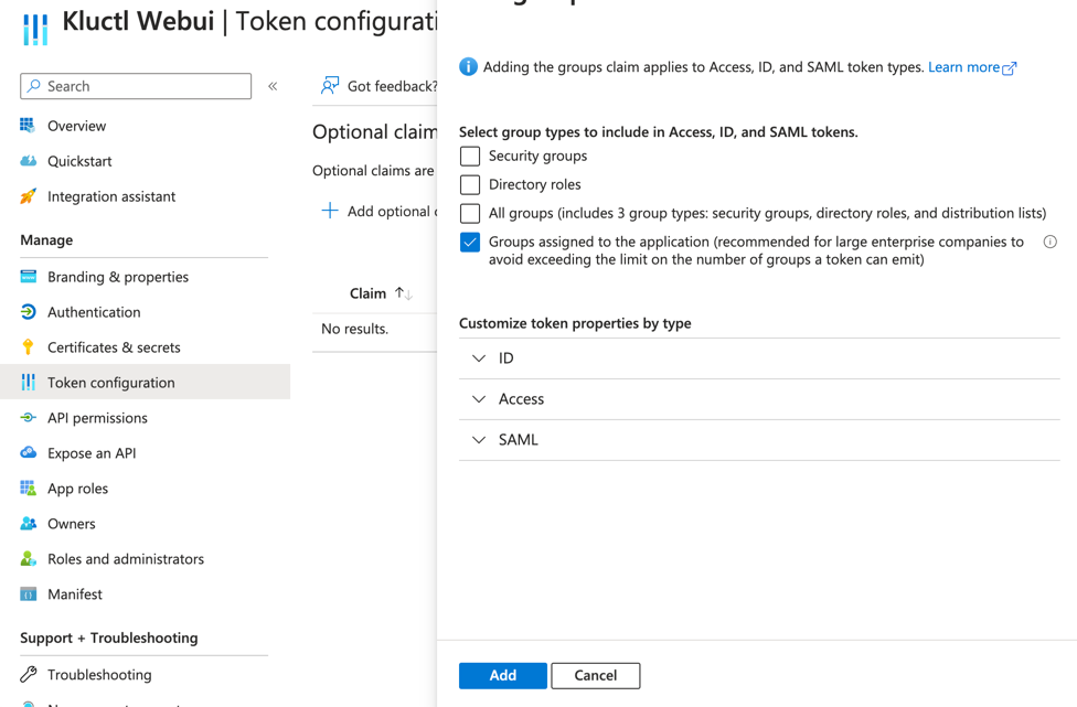 Azure AD token configuration